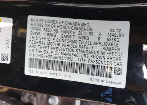 2022 Honda Civic Sport z USA, uszkodzony, nr VIN 2HGFE2F59NH577852